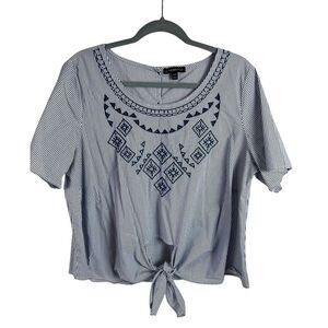 Lane Bryant Blue White‎ Stripe Top Size 14/16 Embroidered Tie Waist Short Sleeve